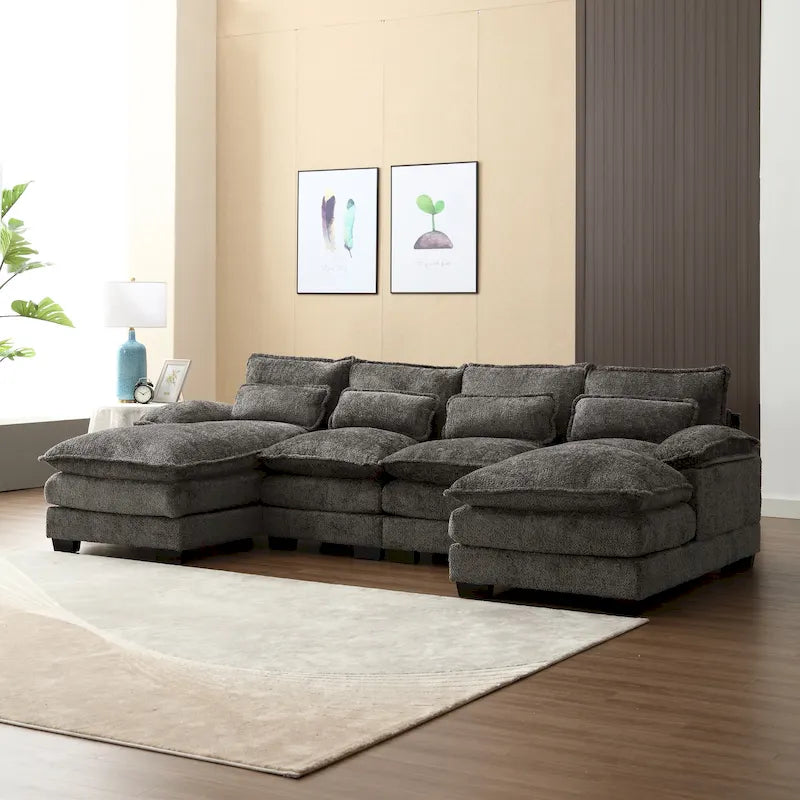 Gray U-Shape Sectional Sofa, Chenille, Seats 5–7