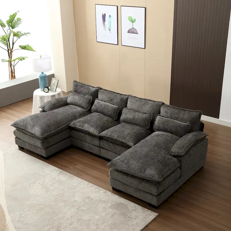 Gray U-Shape Sectional Sofa, Chenille, Seats 5–7