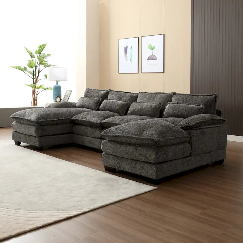Gray U-Shape Sectional Sofa, Chenille, Seats 5–7