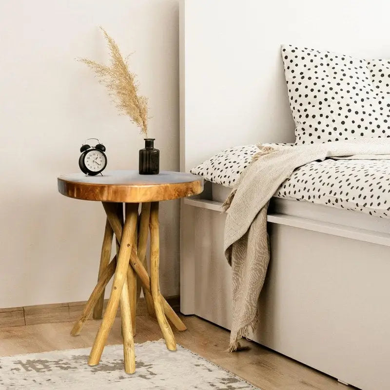 Brown Teak Wood Tripod Leg Side Table, 16"W x 16"D x 20"H