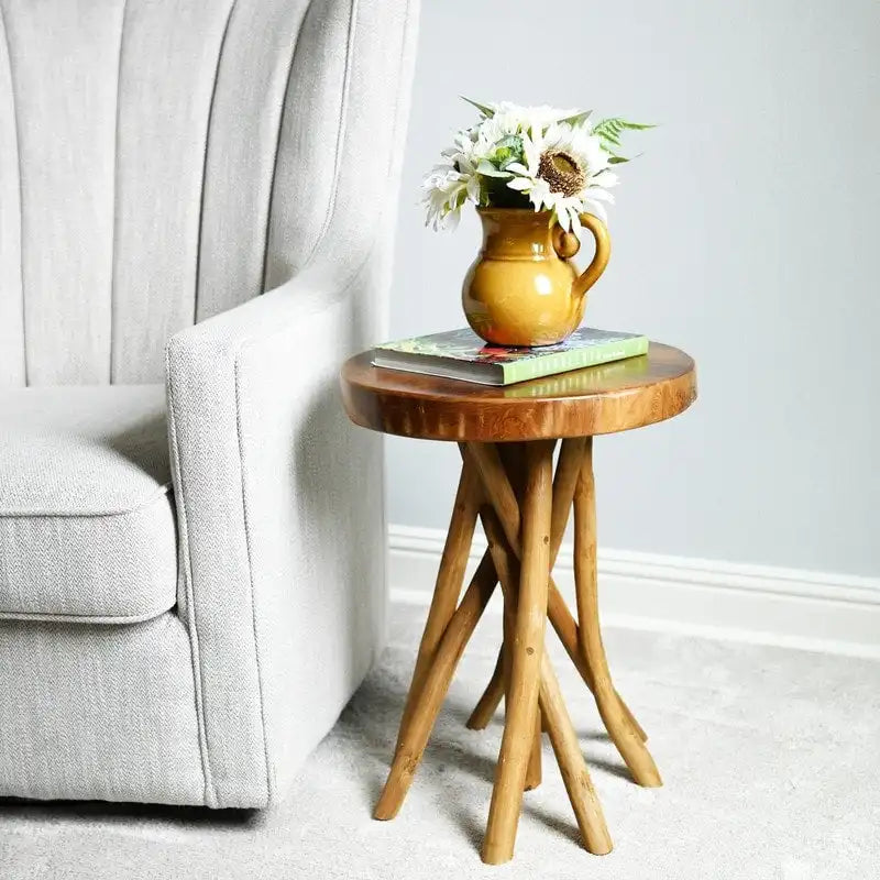 Brown Teak Wood Tripod Leg Side Table, 16"W x 16"D x 20"H
