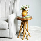 Brown Teak Wood Tripod Leg Side Table, 16"W x 16"D x 20"H