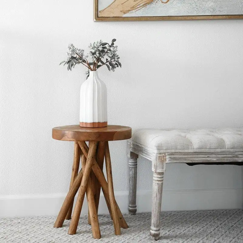 Brown Teak Wood Tripod Leg Side Table, 16"W x 16"D x 20"H