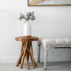 Brown Teak Wood Tripod Leg Side Table, 16"W x 16"D x 20"H