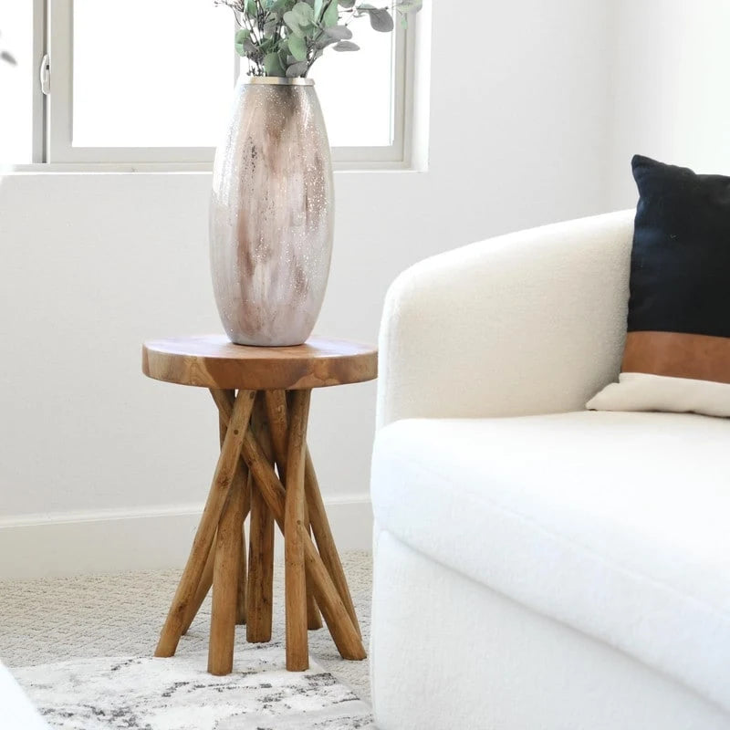 Brown Teak Wood Tripod Leg Side Table, 16"W x 16"D x 20"H