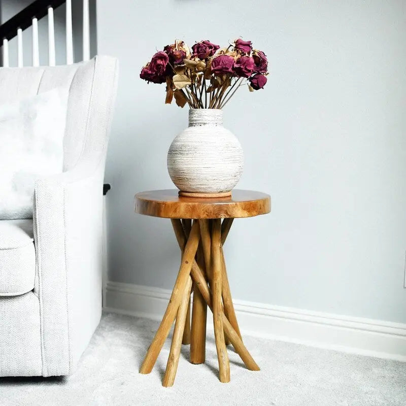 Brown Teak Wood Tripod Leg Side Table, 16"W x 16"D x 20"H