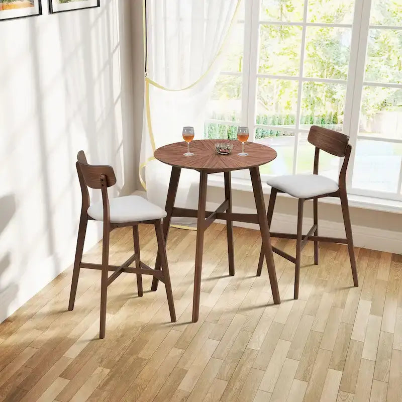 Table de bar ronde, Noyer/Noir, 2 personnes, plateau de 80 cm, hauteur de 99 cm