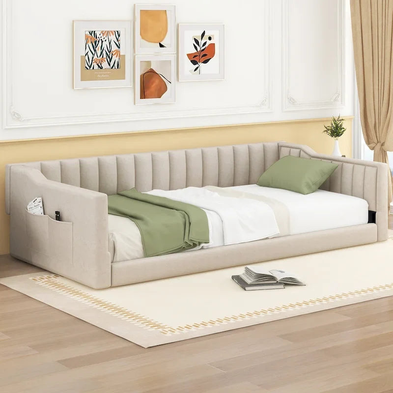 Lit de repos en velours beige avec poche latérale, taille XL pour lit jumeau, 1 personne