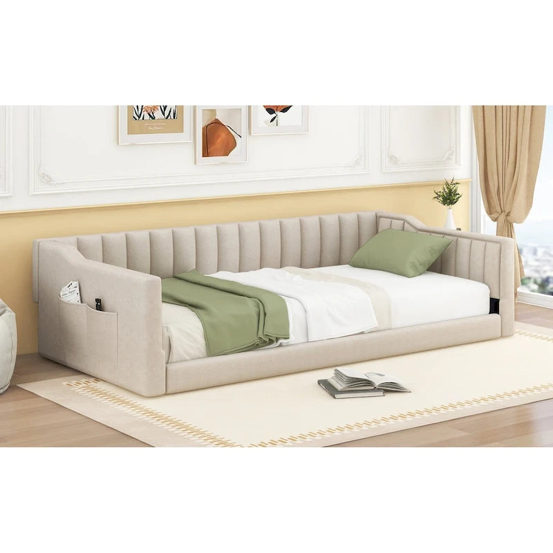Lit de repos en velours beige avec poche latérale, taille XL pour lit jumeau, 1 personne