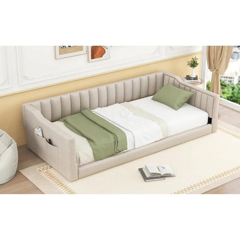 Lit de repos en velours beige avec poche latérale, taille XL pour lit jumeau, 1 personne