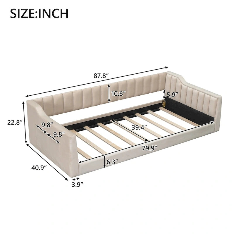 Lit de repos en velours beige avec poche latérale, taille XL pour lit jumeau, 1 personne