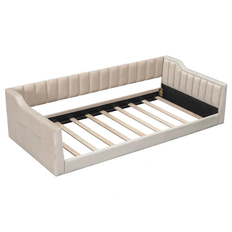 Lit de repos en velours beige avec poche latérale, taille XL pour lit jumeau, 1 personne