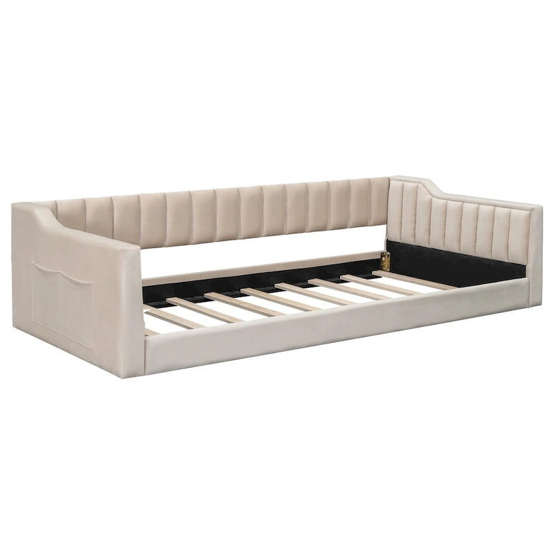 Lit de repos en velours beige avec poche latérale, taille XL pour lit jumeau, 1 personne