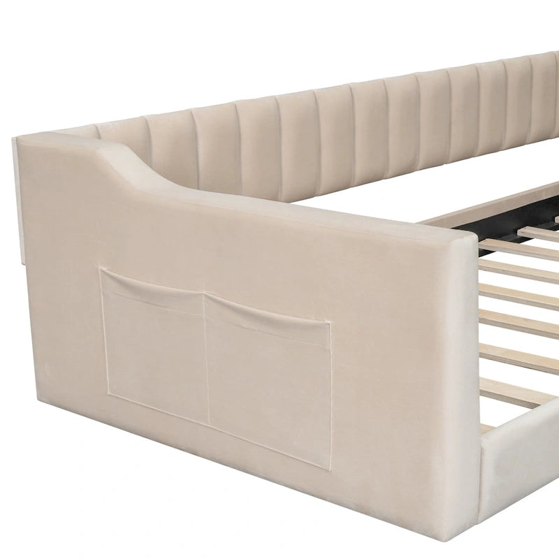 Lit de repos en velours beige avec poche latérale, taille XL pour lit jumeau, 1 personne
