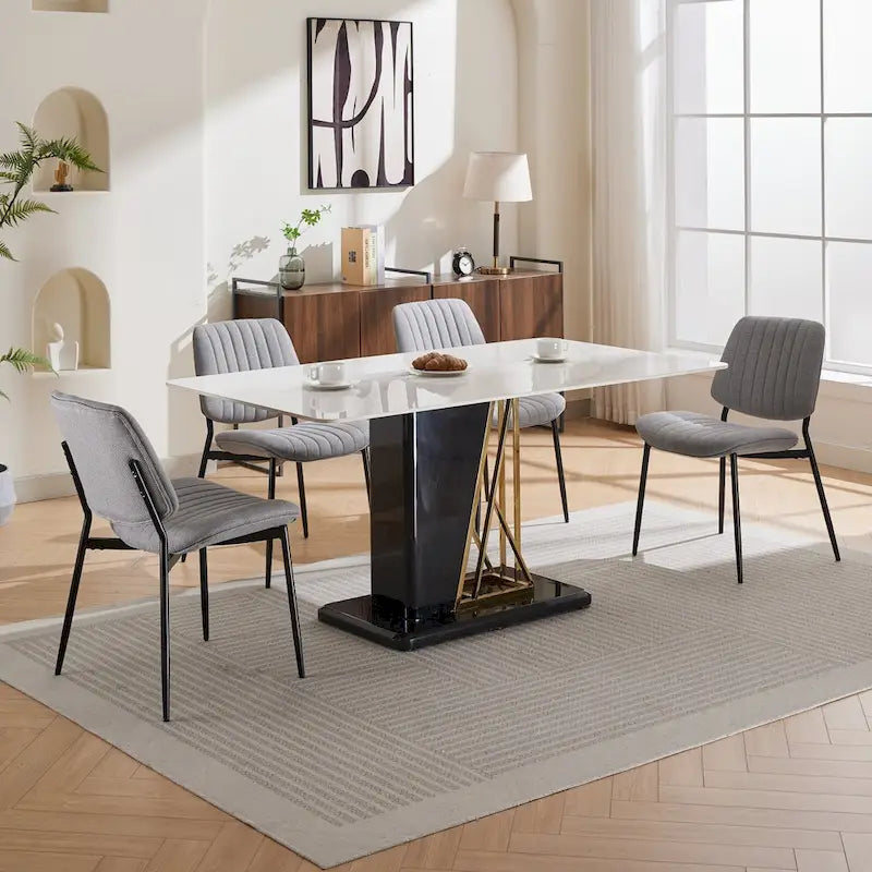 Beige / Grey Armless Upholstered Dining Chair with Metal Legs, Set of 2