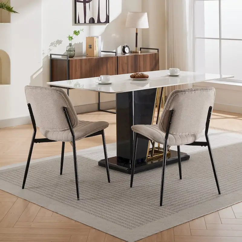 Beige / Grey Armless Upholstered Dining Chair with Metal Legs, Set of 2