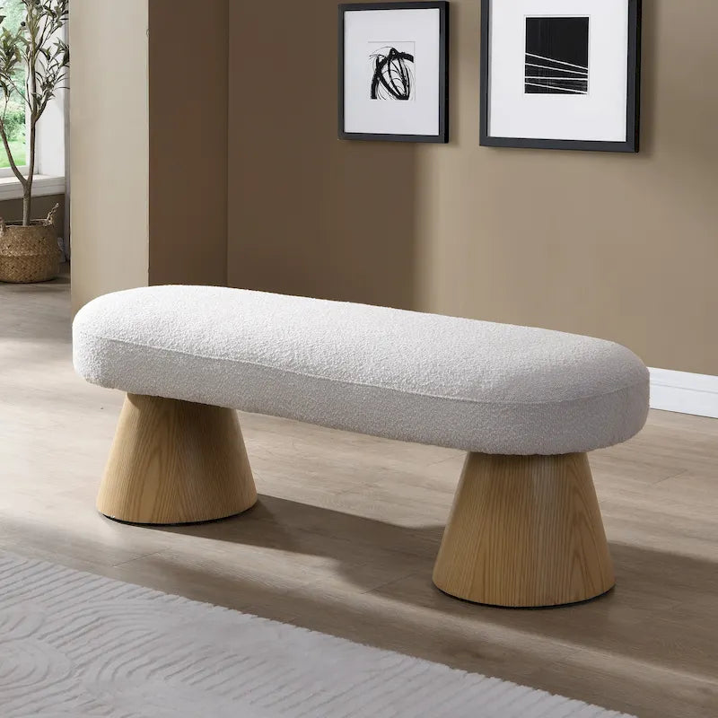 Beige Upholstered Dining Bench with Wood Legs, Seats 2–3