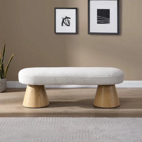 Beige Upholstered Dining Bench with Wood Legs, Seats 2–3