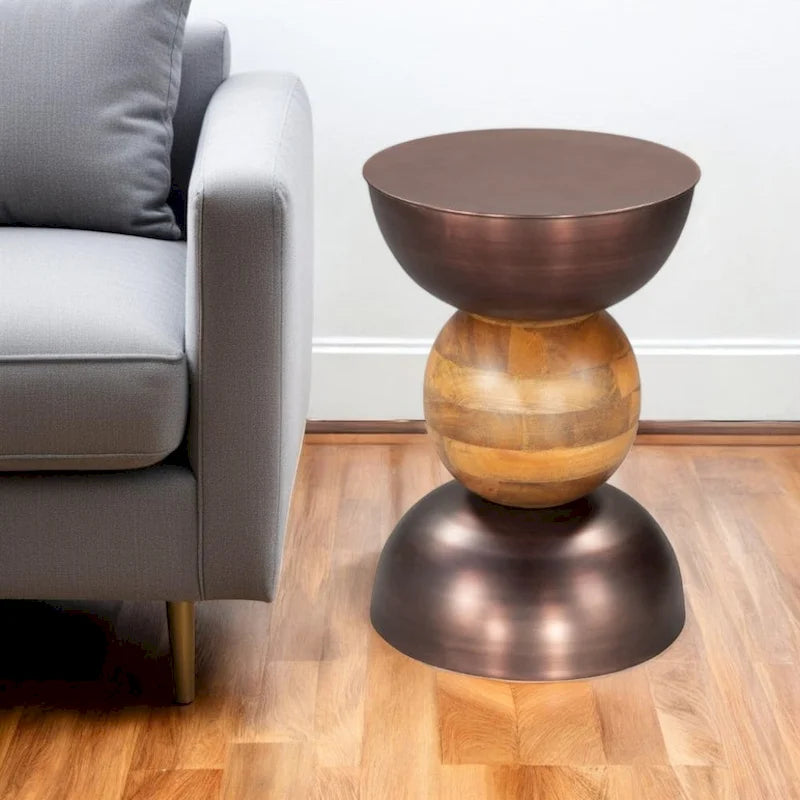 HomeRoots 20  Bronze and Brown Iron and Solid Wood Round Pedestal End Table - 14' X '20.3' X '14