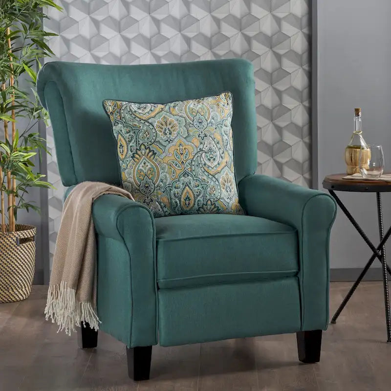 Teal Push-Back Recliner Lounge Chair for 1, Fabric Upholstery with Wood Legs