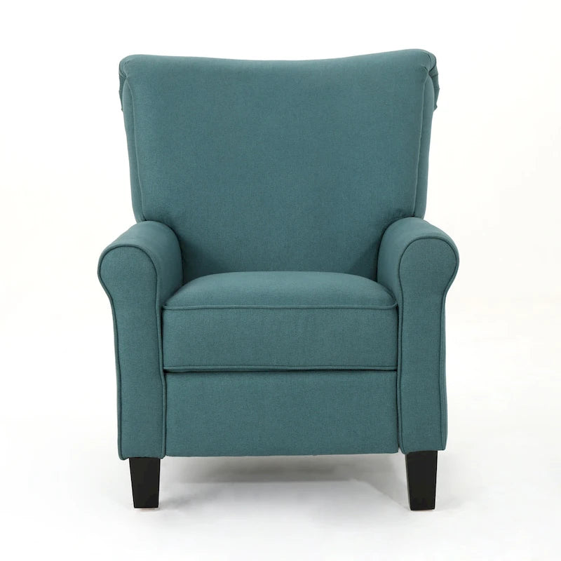 Fauteuil inclinable dossier poussoir sarcelle pour 1, revêtement en tissu avec pieds en bois