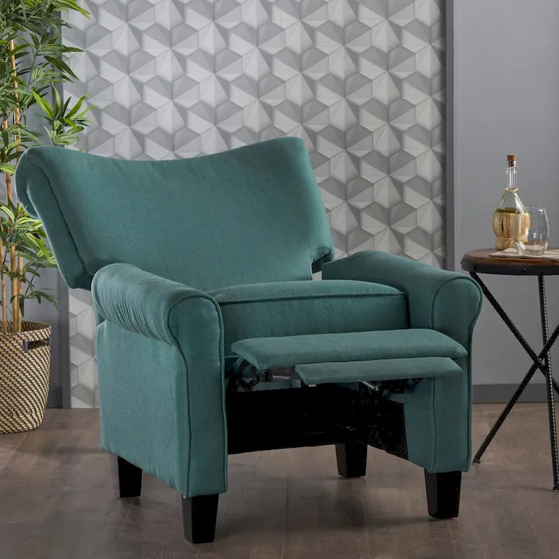 Fauteuil inclinable dossier poussoir sarcelle pour 1, revêtement en tissu avec pieds en bois