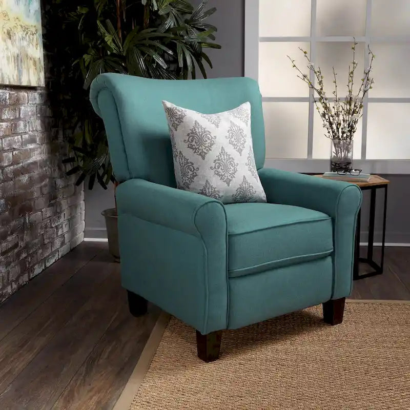 Fauteuil inclinable dossier poussoir sarcelle pour 1, revêtement en tissu avec pieds en bois