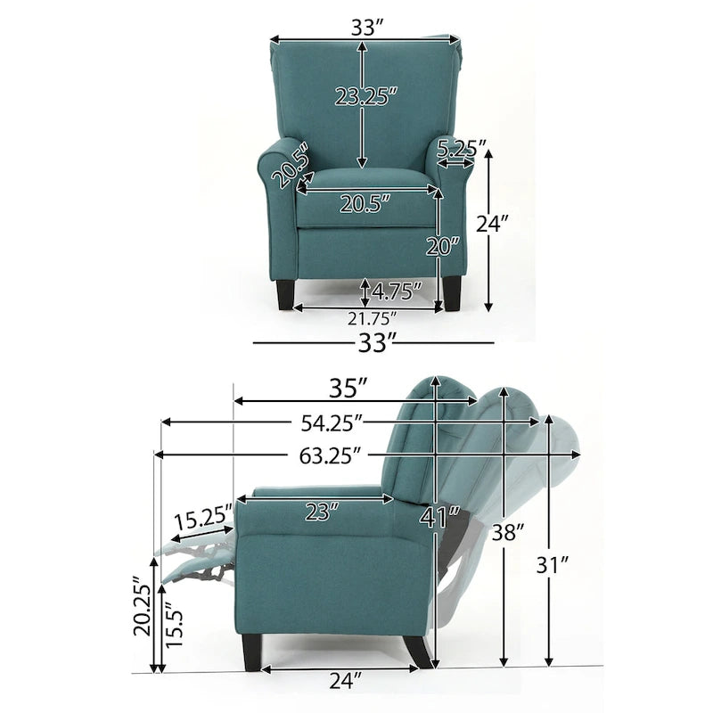 Fauteuil inclinable dossier poussoir sarcelle pour 1, revêtement en tissu avec pieds en bois