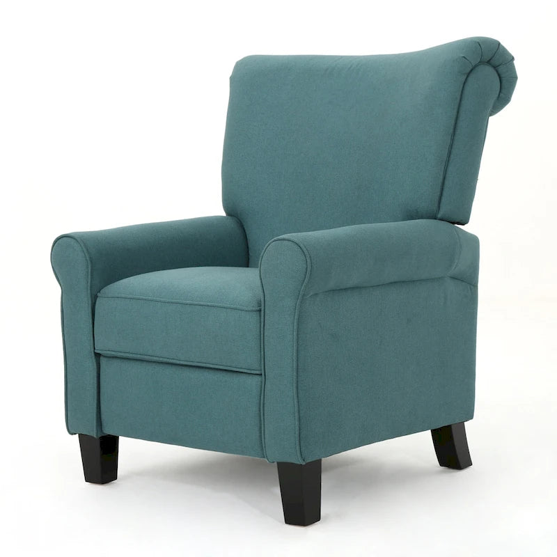 Fauteuil inclinable dossier poussoir sarcelle pour 1, revêtement en tissu avec pieds en bois