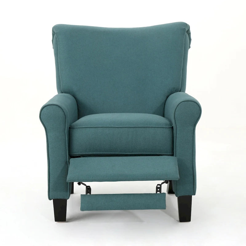 Fauteuil inclinable dossier poussoir sarcelle pour 1, revêtement en tissu avec pieds en bois