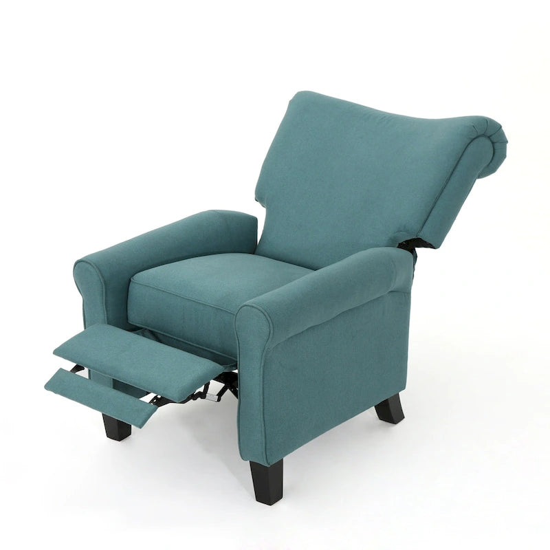 Fauteuil inclinable dossier poussoir sarcelle pour 1, revêtement en tissu avec pieds en bois
