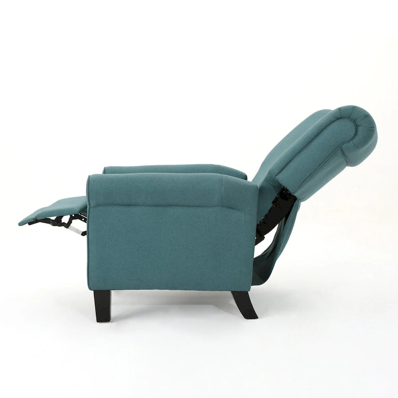 Fauteuil inclinable dossier poussoir sarcelle pour 1, revêtement en tissu avec pieds en bois
