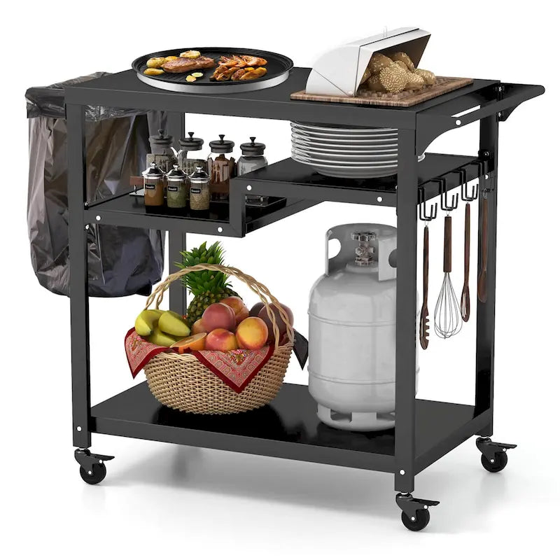 Black 3-Shelf Rolling Grill Cart with Hooks & Bag Rack, Single User