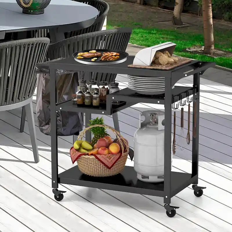 Black 3-Shelf Rolling Grill Cart with Hooks & Bag Rack, Single User