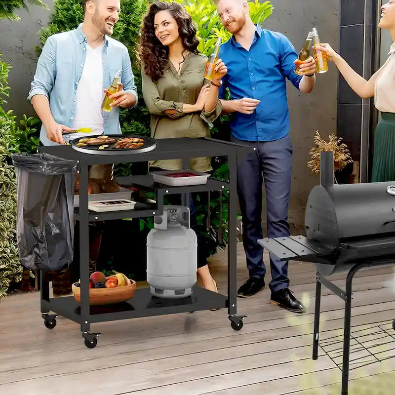 Black 3-Shelf Rolling Grill Cart with Hooks & Bag Rack, Single User