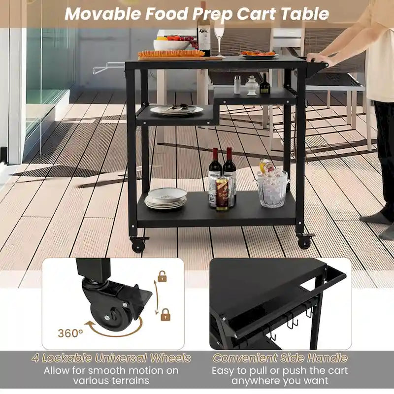 Black 3-Shelf Rolling Grill Cart with Hooks & Bag Rack, Single User