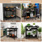 Black 3-Shelf Rolling Grill Cart with Hooks & Bag Rack, Single User