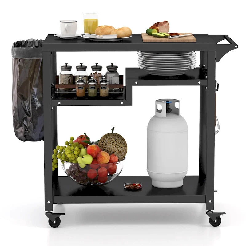 Black 3-Shelf Rolling Grill Cart with Hooks & Bag Rack, Single User