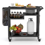 Black 3-Shelf Rolling Grill Cart with Hooks & Bag Rack, Single User