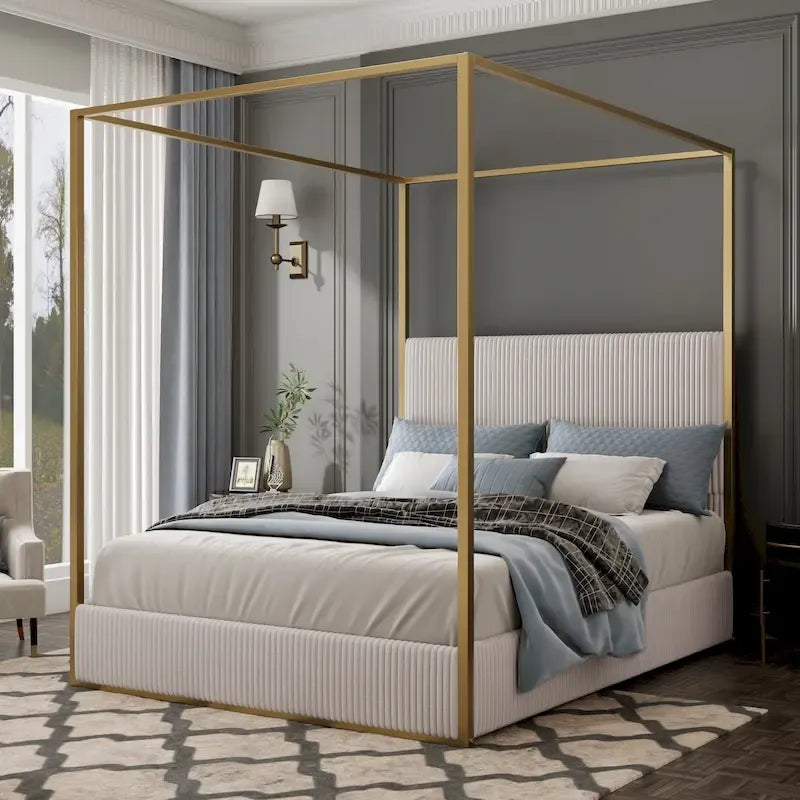 Lit à baldaquin en velours doré et beige / noir et blanc avec tête de lit haute – King/Queen, 1 à 2 personnes