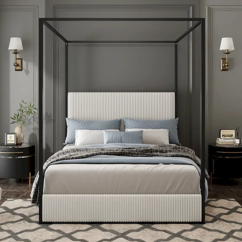 Gold&Beige / Black&White Velvet Canopy Bed with Tall Headboard – King/Queen, 1–2 Person