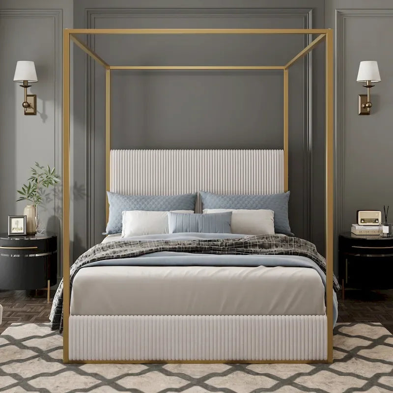 Lit à baldaquin en velours doré et beige / noir et blanc avec tête de lit haute – King/Queen, 1 à 2 personnes