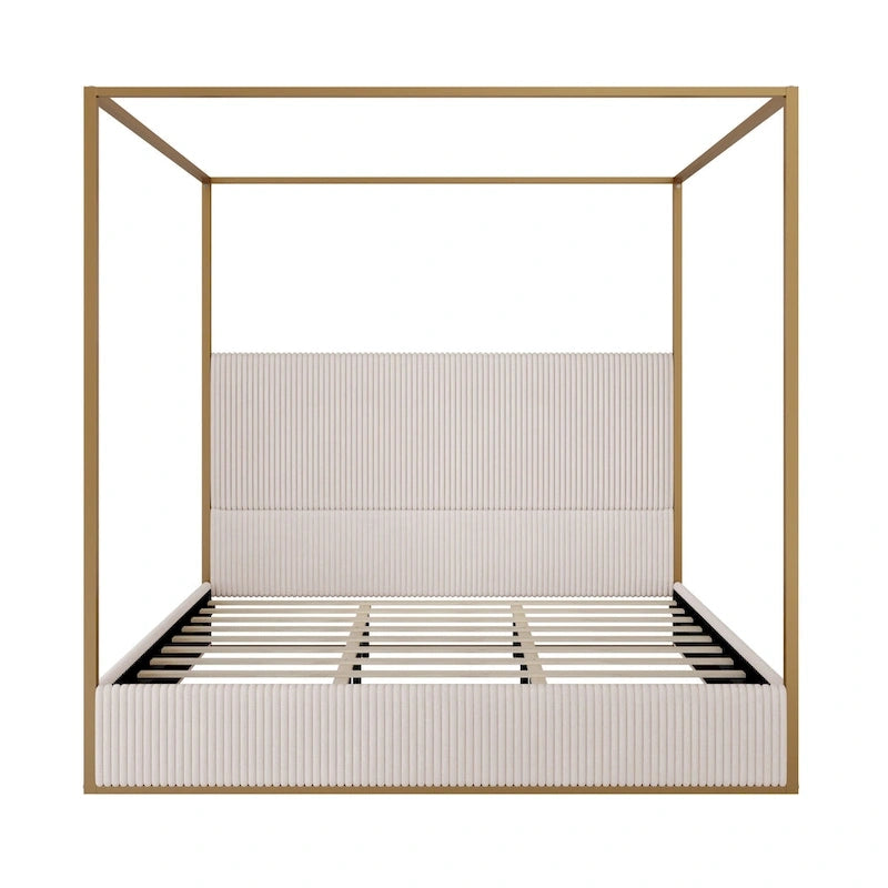 Lit à baldaquin en velours doré et beige / noir et blanc avec tête de lit haute – King/Queen, 1 à 2 personnes