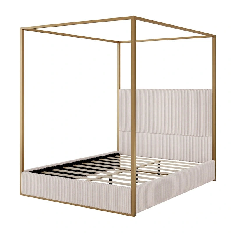Lit à baldaquin en velours doré et beige / noir et blanc avec tête de lit haute – King/Queen, 1 à 2 personnes