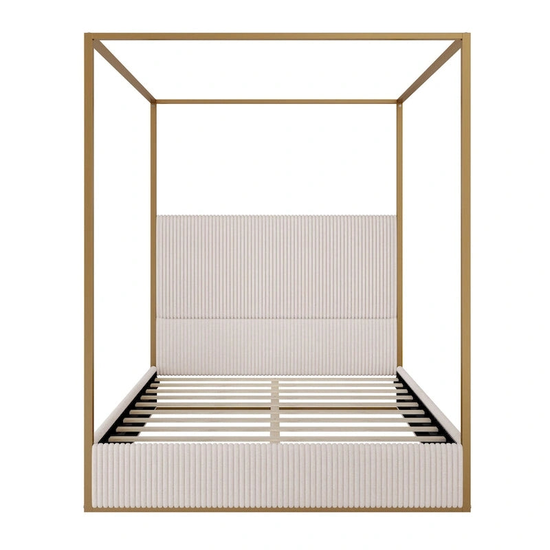 Lit à baldaquin en velours doré et beige / noir et blanc avec tête de lit haute – King/Queen, 1 à 2 personnes