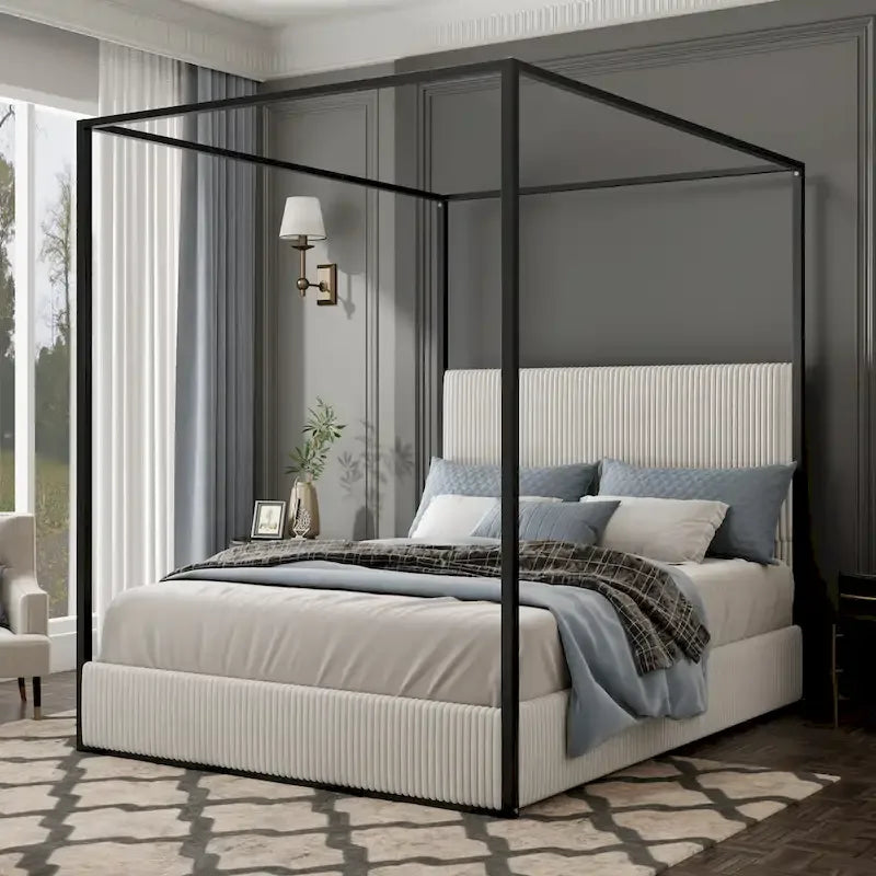 Lit à baldaquin en velours doré et beige / noir et blanc avec tête de lit haute – King/Queen, 1 à 2 personnes