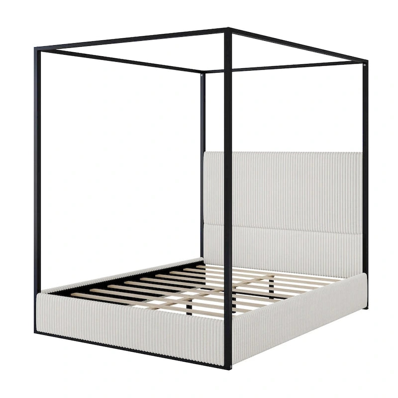 Lit à baldaquin en velours doré et beige / noir et blanc avec tête de lit haute – King/Queen, 1 à 2 personnes