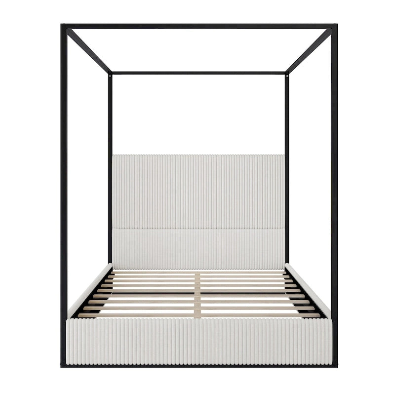 Lit à baldaquin en velours doré et beige / noir et blanc avec tête de lit haute – King/Queen, 1 à 2 personnes