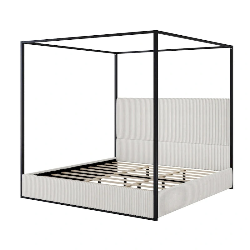Lit à baldaquin en velours doré et beige / noir et blanc avec tête de lit haute – King/Queen, 1 à 2 personnes