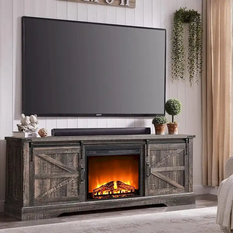 Antique White / Rustic Oak / Barnwood, Sliding Barn Door TV Stand with Electric Fireplace, Fits 75" TV, 4 Colors